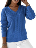 V-neck solid color cable knit casual knit sweater