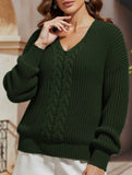 V-neck solid color cable knit casual knit sweater
