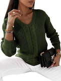 V-neck solid color cable knit casual knit sweater