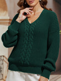 V-neck solid color cable knit casual knit sweater