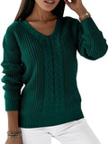 V-neck solid color cable knit casual knit sweater