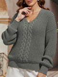 V-neck solid color cable knit casual knit sweater