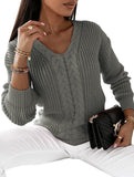 V-neck solid color cable knit casual knit sweater