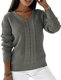 V-neck solid color cable knit casual knit sweater