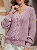 V-neck solid color cable knit casual knit sweater