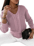 V-neck solid color cable knit casual knit sweater