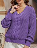 V-neck solid color cable knit casual knit sweater