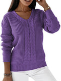 V-neck solid color cable knit casual knit sweater
