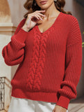 V-neck solid color cable knit casual knit sweater
