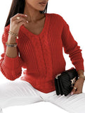 V-neck solid color cable knit casual knit sweater
