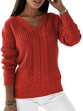 V-neck solid color cable knit casual knit sweater