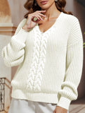 V-neck solid color cable knit casual knit sweater