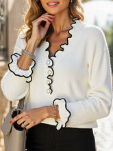 Pearl button V-neck knit sweater