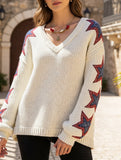 Loose-fitting long-sleeved V-neck knit sweater
