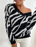 Fashionable zebra print warm knit sweater