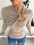 Irregular openwork metal button knit sweater