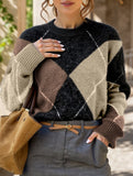 Casual color-blocked long-sleeved knitted sweater