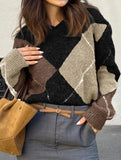 Casual color-blocked long-sleeved knitted sweater