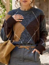 Casual color-blocked long-sleeved knitted sweater