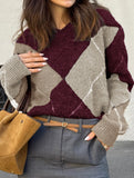 Casual color-blocked long-sleeved knitted sweater