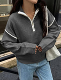 Simple solid color long-sleeved zip-up sweater