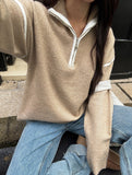 Simple solid color long-sleeved zip-up sweater