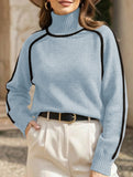 Stylish turtleneck striped ribbed sweater
