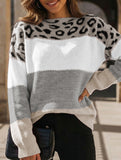 Leopard print color-blocked crew neck sweater