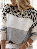 Leopard print color-blocked crew neck sweater