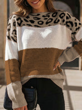 Leopard print color-blocked crew neck sweater