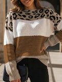 Leopard print color-blocked crew neck sweater