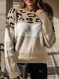 Leopard print color-blocked crew neck sweater