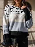 Leopard print color-blocked crew neck sweater