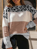 Leopard print color-blocked crew neck sweater