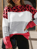 Leopard print color-blocked crew neck sweater