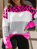 Leopard print color-blocked crew neck sweater
