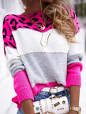 Leopard print color-blocked crew neck sweater