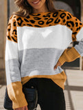 Leopard print color-blocked crew neck sweater