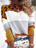 Leopard print color-blocked crew neck sweater