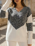 V-neck color-blocked leopard print sweater