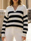 Loose-fitting striped color-blocked knit sweater