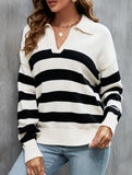 Loose-fitting striped color-blocked knit sweater