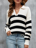 Loose-fitting striped color-blocked knit sweater