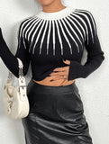 Stylish round neck striped knit sweater