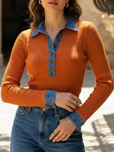 Denim collar pullover patchwork knit sweater