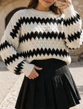 Loose-fitting cable stripe crew neck knit sweater_CWOSWL08849
