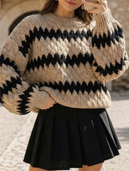Loose-fitting cable stripe crew neck knit sweater_CWOSWL08849