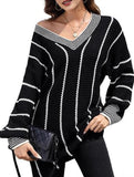 Retro V-neck loose striped sweater