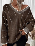 Retro V-neck loose striped sweater