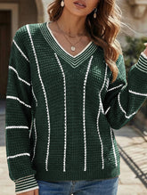 Retro V-neck loose striped sweater